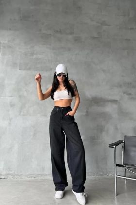 Arkadan tokalı jeans pantolon Siyah