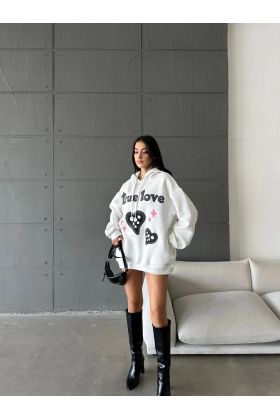 3 iplik şardonlu oversize true baskılı sweat Beyaz
