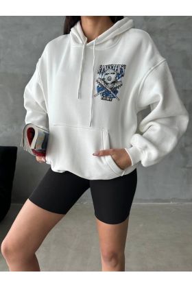 3 iplik şardonlu oversize kafa baskılı sweat beyaz