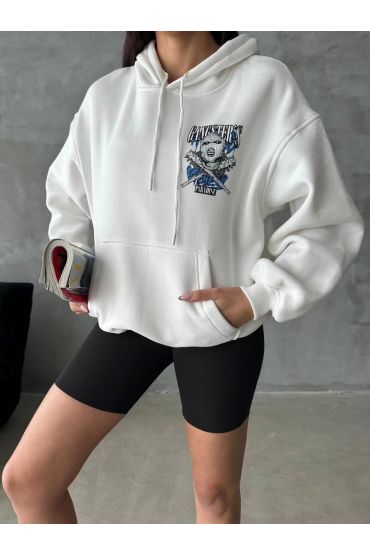 3 iplik şardonlu oversize kafa baskılı sweat beyaz