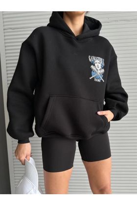 3 iplik şardonlu oversize kafa baskılı sweat siyah