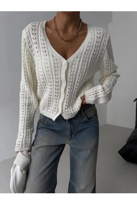 Küçük düğmeli küçük örgülü triko hırka beyaz