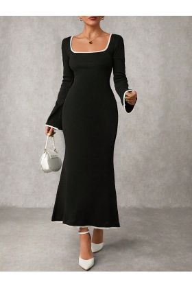 Biyeli uzun elbise siyah