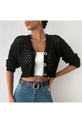 Büyük düğmeli delikli hırka siyah