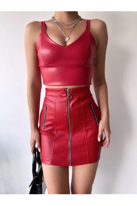 Üç fermuarlı deri etek bordo