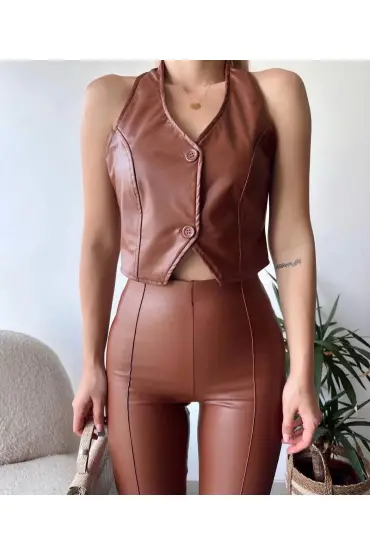 İki düğmeli deri yelek kahve