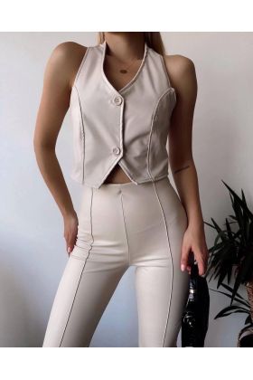 İki düğmeli deri yelek krem