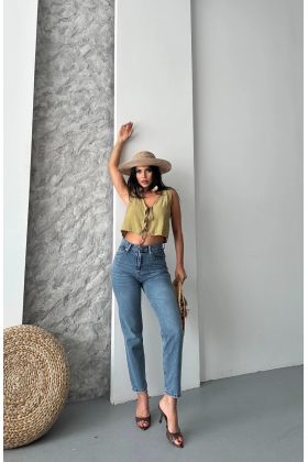 Mom fit bıyık kar yıkama jeans pantolon koyu mavi
