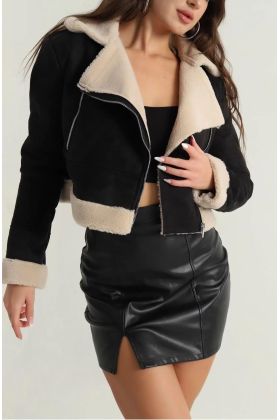 İçi kürklü dışı süet kısa kaban siyah