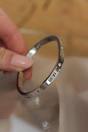 316L Çelik Roma Rakamlı Silver Renk Bilezik Kelepçe - TJ-BB3566