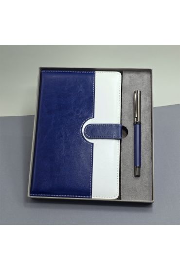 Mavi Beyaz Deri Kapaklı Defter Ve Metal Kalem Set
