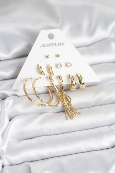 Gold Renk Pirinç Kadın 6 Çift Küpe Seti - TJ-BKP11317