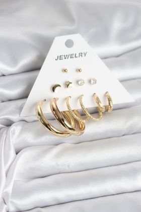 Gold Renk 6 Çiftli Pirinç Kadın Küpe Seti - TJ-BKP11323