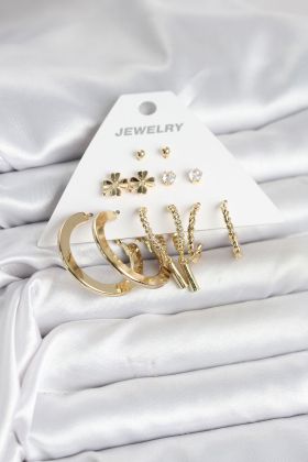 Pirinç Gold Renk 6 Çift Kadın Küpe Seti - TJ-BKP11325