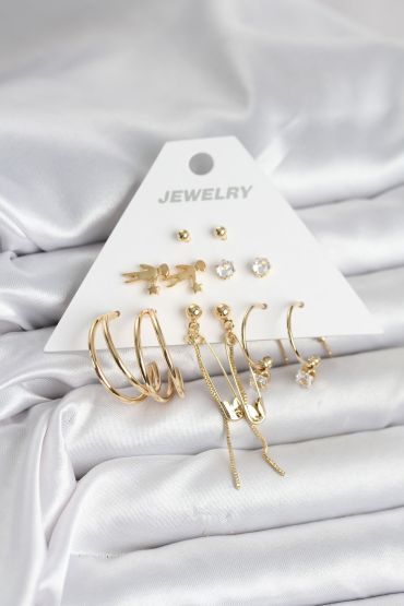 Pirinç Gold Renk 6 Çiftli Kadın Küpe Seti - TJ-BKP11327