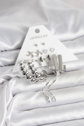 Gümüş Renk Pirinç 6'lı Kadın Küpe Seti - TJ-BKP11330