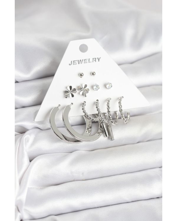 Pirinç Gümüş Renk 6 Çift Kadın Küpe Seti - TJ-BKP11332