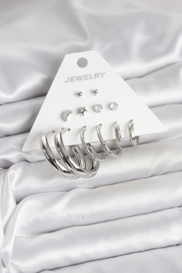 Pirinç Gümüş Renk Halka Modelli 6 Çift Kadın Küpe - TJ-BKP11335