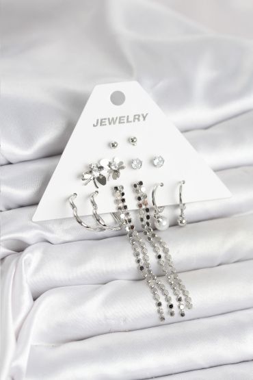 Pirinç Gümüş Renk 6 Çift Kadın Küpe - TJ-BKP11336