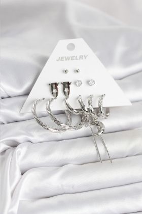 Gümüş Renk Pirinç 6'lı Kadın Küpe Seti - TJ-BKP11337