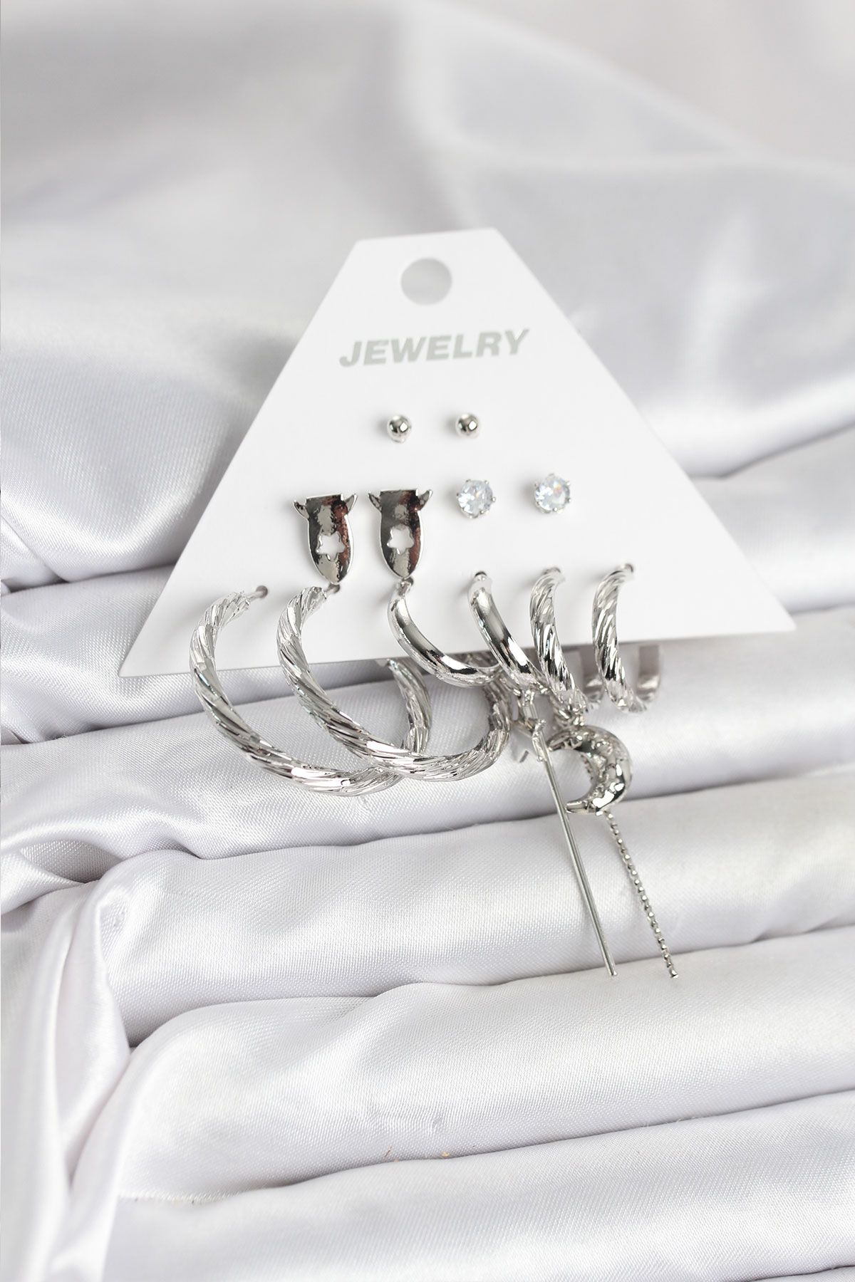 Gümüş Renk Pirinç 6'lı Kadın Küpe Seti - TJ-BKP11337