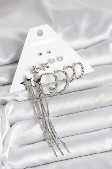 Gümüş Renk Pirinç 6 Çift Kadın Küpe Seti - TJ-BKP11338