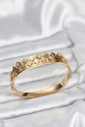 316L Çelik Gold Renk Minimal Yoncalı Kadın Kelepçe Bileklik - TJ-BB8072