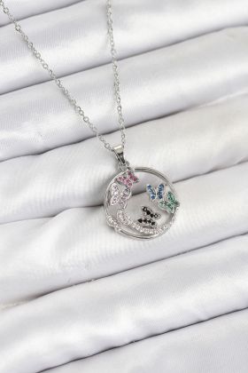 316L Çelik Zincir Gümüş Renk Zirkon Taşlı Kelebekli Kadın Kolye - TJ-BKO10608