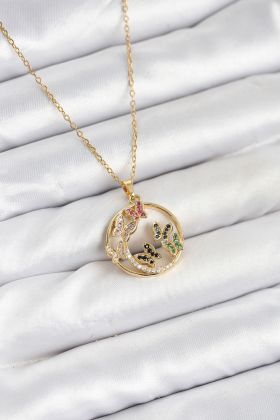 316L Çelik Zincir Gold Renk Zirkon Taşlı Kelebekli Kadın Kolye - TJ-BKO10609