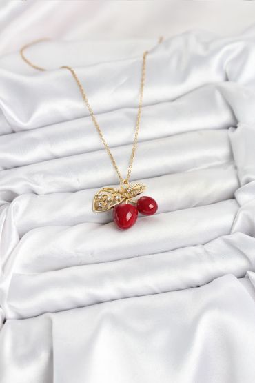 316L Çelik Zincir Yapraklı Kiraz Model Gold Renk Kadın Kolye - TJ-BKO10613