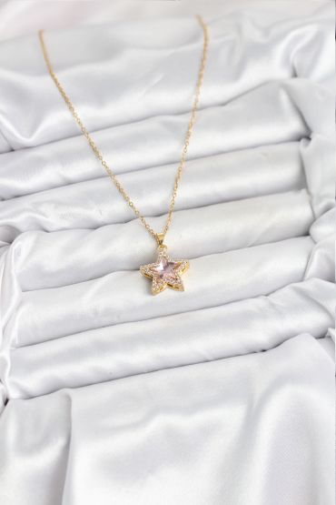 316L Çelik Zincir Pembe Taşlı Yıldız Model Kadın Kolye - TJ-BKO10619