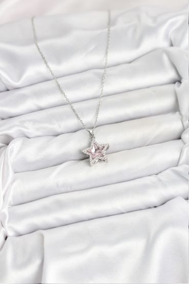 316L Çelik Zincir Gümüş Renk Pembe Taşlı Yıldız Model Kadın Kolye - TJ-BKO10620