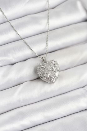 316L Çelik Zincir Gümüş Zirkon Taşlı Kalpli Kadın Kolye - TJ-BKO10625