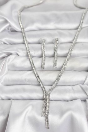 Gümüş Renk Baget Zirkon Taşlı Kadın Kolye Küpe Set - TJ-BKO10637
