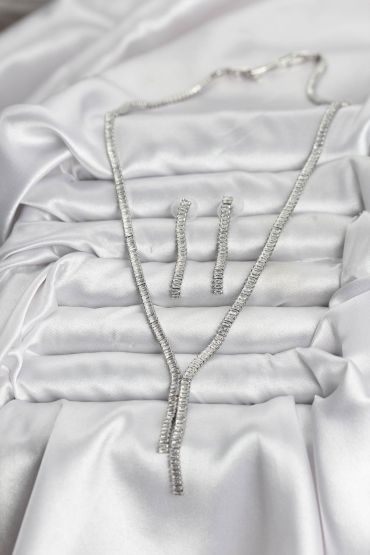 Gümüş Renk Baget Zirkon Taşlı Kadın Kolye Küpe Set - TJ-BKO10637