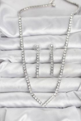 Gümüş Renk Zirkon Taşlı Kadın Kolye Küpe Seti - TJ-BKO10638