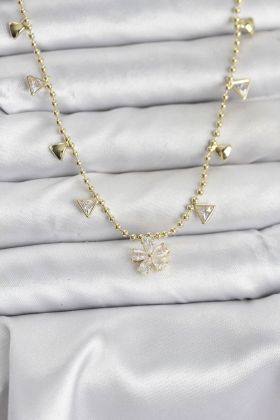 Pirinç Gold Renk Zirkon Taşlı Çiçek Model Kadın Kolye - TJ-BKO10642