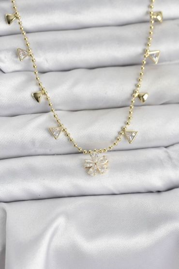 Pirinç Gold Renk Zirkon Taşlı Çiçek Model Kadın Kolye - TJ-BKO10642