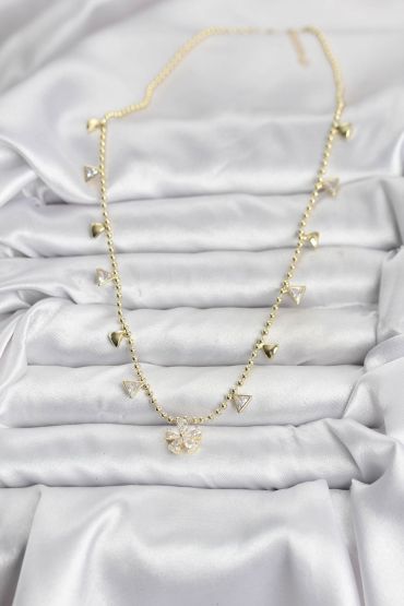 Pirinç Gold Renk Zirkon Taşlı Çiçek Model Kadın Kolye - TJ-BKO10642