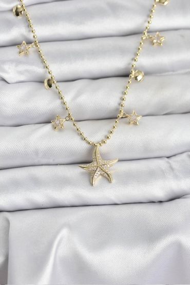 Pirinç Gold Renk Zirkon Taşlı Deniz Yıldızı Model Kadın Kolye - TJ-BKO10644