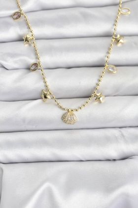 Pirinç Gold Renk Zirkon Taşlı Deniz Kabuğu Model Kadın Kolye - TJ-BKO10646