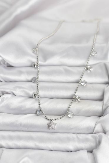 Pirinç Gümüş Renk Yıldız Model Kadın Kolye - TJ-BKO10650