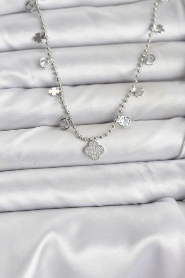 Pirinç Gümüş Renk Yonca Model Kadın Kolye - TJ-BKO10651