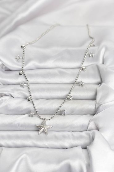 Pirinç Gümüş Renk Zirkon Taşlı Deniz Yıldızı Model Kadın Kolye - TJ-BKO10654