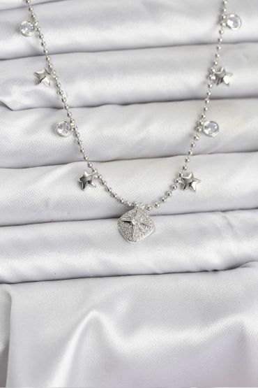 Pirinç Gümüş Renk Zirkon Taşlı Kutup Yıldızı Model Kadın Kolye - TJ-BKO10657