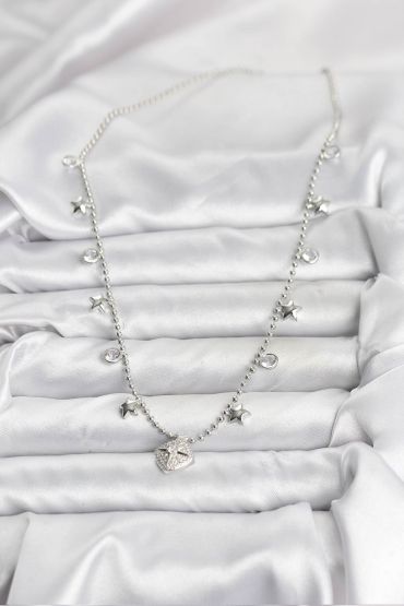 Pirinç Gümüş Renk Zirkon Taşlı Kutup Yıldızı Model Kadın Kolye - TJ-BKO10657