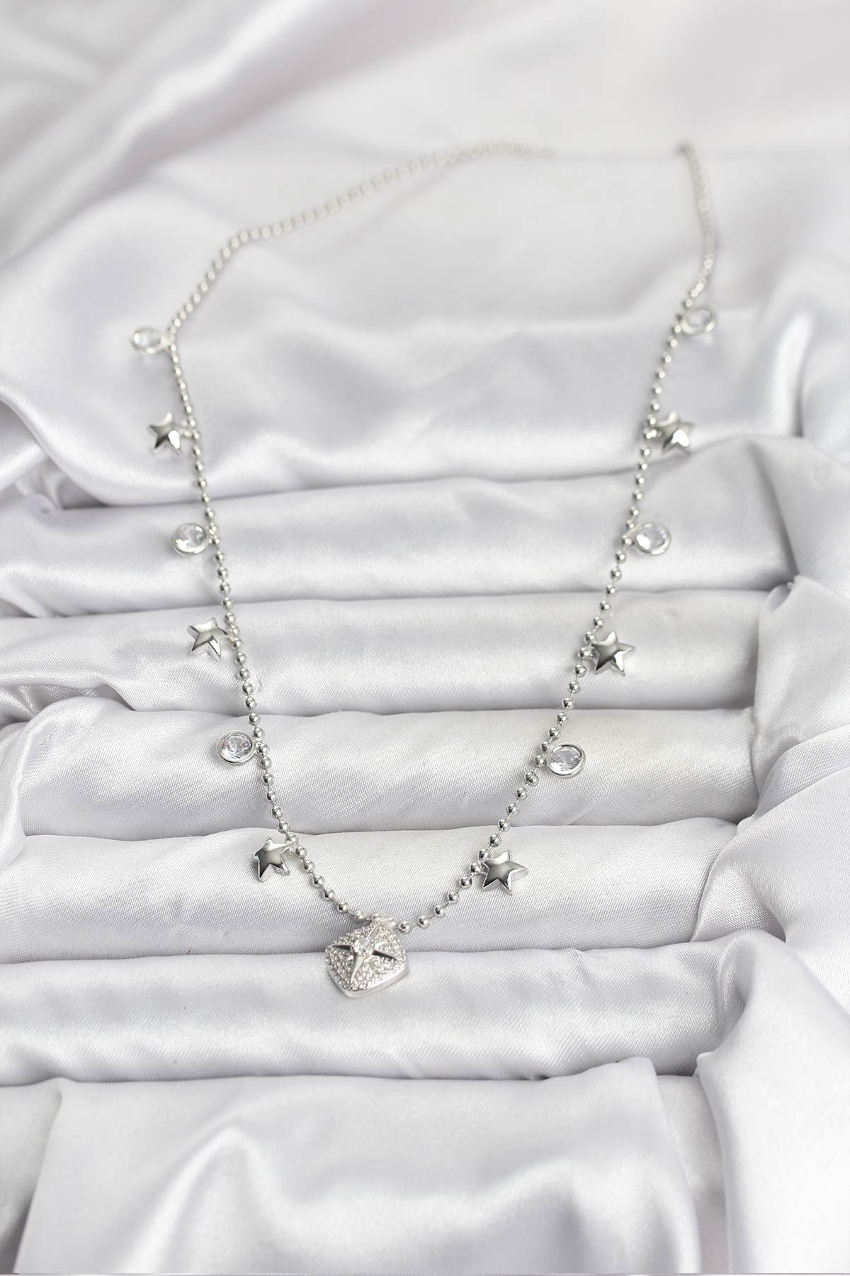 Pirinç Gümüş Renk Zirkon Taşlı Kutup Yıldızı Model Kadın Kolye - TJ-BKO10657