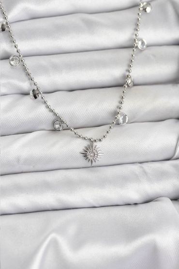 Zirkon Taşlı Kutup Yıldızı Model Pirinç Gümüş Renk Kadın Kolye - TJ-BKO10658