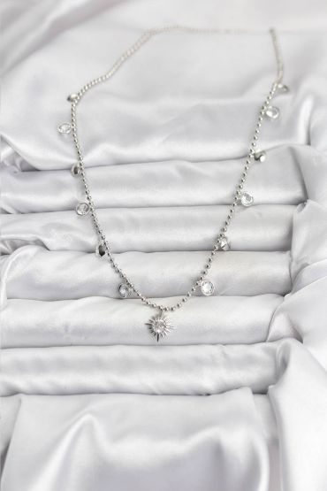 Zirkon Taşlı Kutup Yıldızı Model Pirinç Gümüş Renk Kadın Kolye - TJ-BKO10658