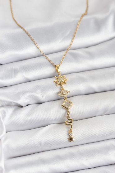 316L Çelik Zincir Gold Renk Güneş ve Enerji Model Kadın Y Kolye - TJ-BKO10668